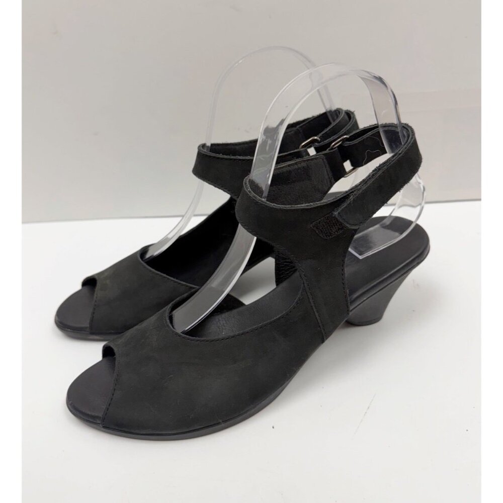 ARCHE BLACK Soft Comfort Leather SUEDE OPEN TOE Heeled SANDAL Ankle Strap Sz 38